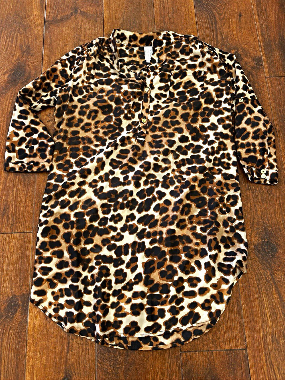 Leopard Print Chiffon Tunic Blouse Button Front 3/4 Sleeve Small